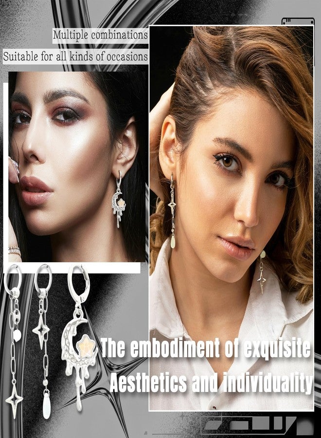 RechicGu 5 Pairs Y2K Moonstone Spike Star Hoop Earrings Set for Women Grunge Emo Goth Earrings Heart Teardrop Chain Dangle Earring Y2K Accessories for Gothic Punk Outfits Christmas Jewelry Gift, Zinc - Image 2