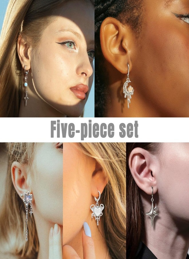 RechicGu 5 Pairs Y2K Moonstone Spike Star Hoop Earrings Set for Women Grunge Emo Goth Earrings Heart Teardrop Chain Dangle Earring Y2K Accessories for Gothic Punk Outfits Christmas Jewelry Gift, Zinc - Image 5