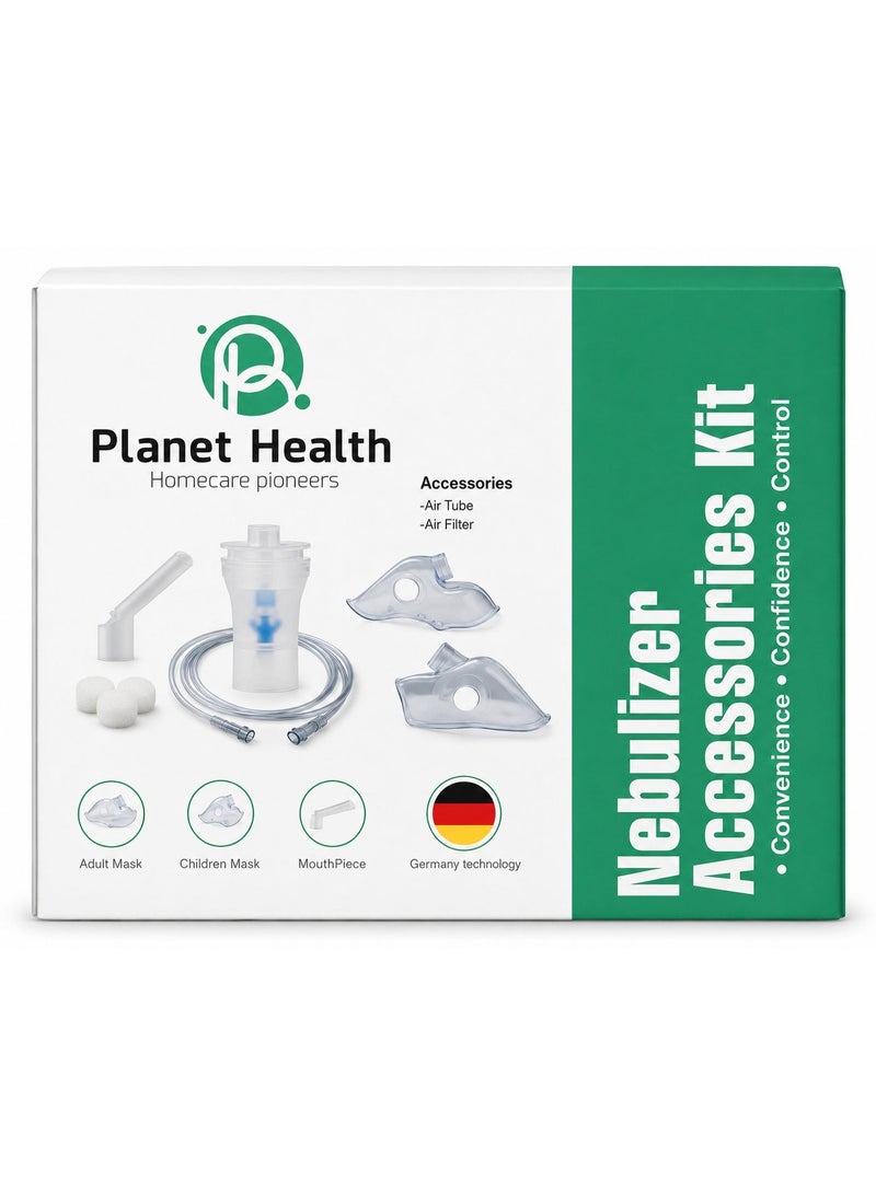 Planet Health The Planet Health Nebulizer Accessories Kit includes an adult mask, a child's mask, a medicine cup, an air filter, and an air tube - Image 1