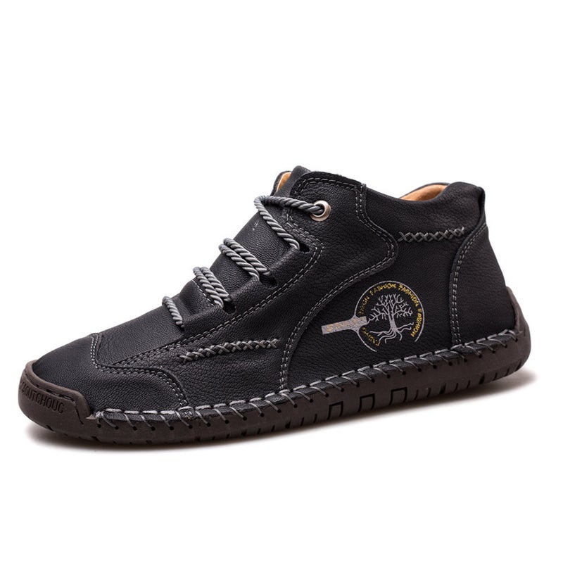 HPIOPL quality autumn and winter men's large size high-top 48 mid-top boots leather boots retro hand-stitched leather shoes black 43 - Image 1
