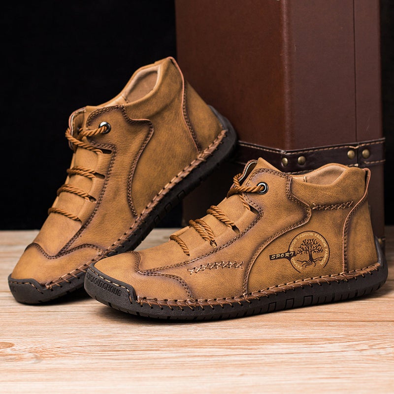 HPIOPL quality autumn and winter men's large size high-top 48 mid-top boots leather boots retro hand-stitched leather shoes black 43 - Image 3