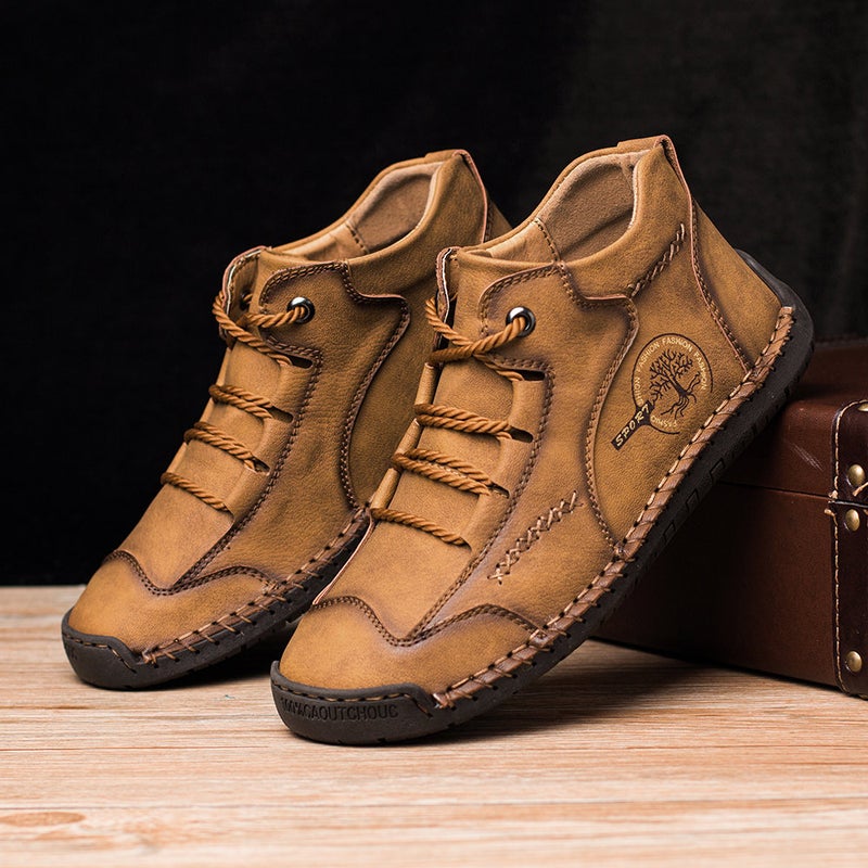 HPIOPL quality autumn and winter men's large size high-top 48 mid-top boots leather boots retro hand-stitched leather shoes black 43 - Image 2