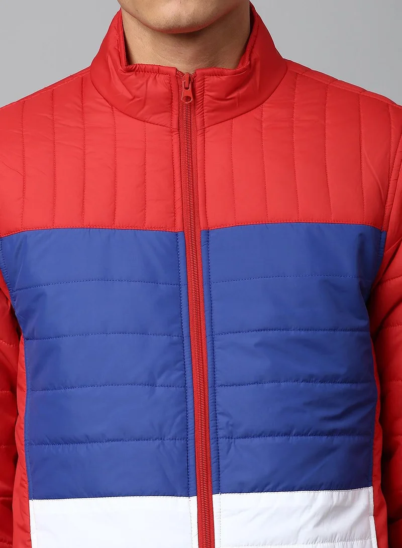 Dennis Lingo Men's Dark Red 100% Polyester Colour Blocked Regular Fit Jacket