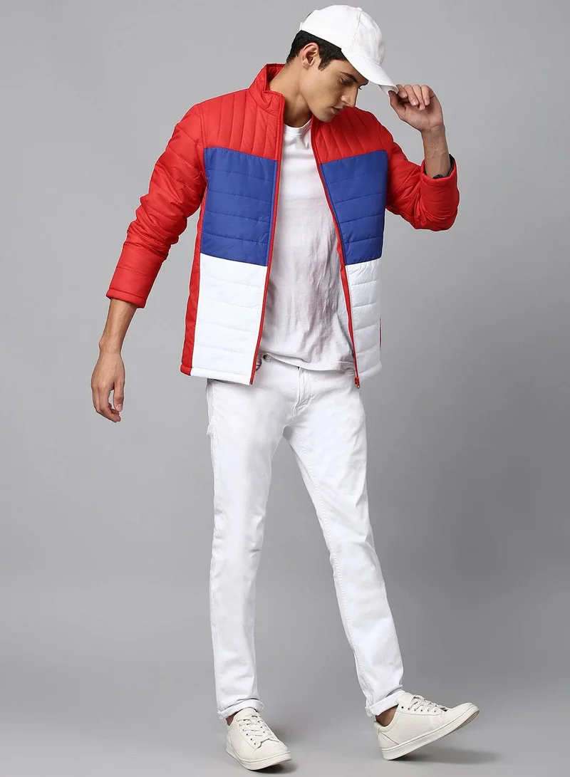 Dennis Lingo Men's Dark Red 100% Polyester Colour Blocked Regular Fit Jacket