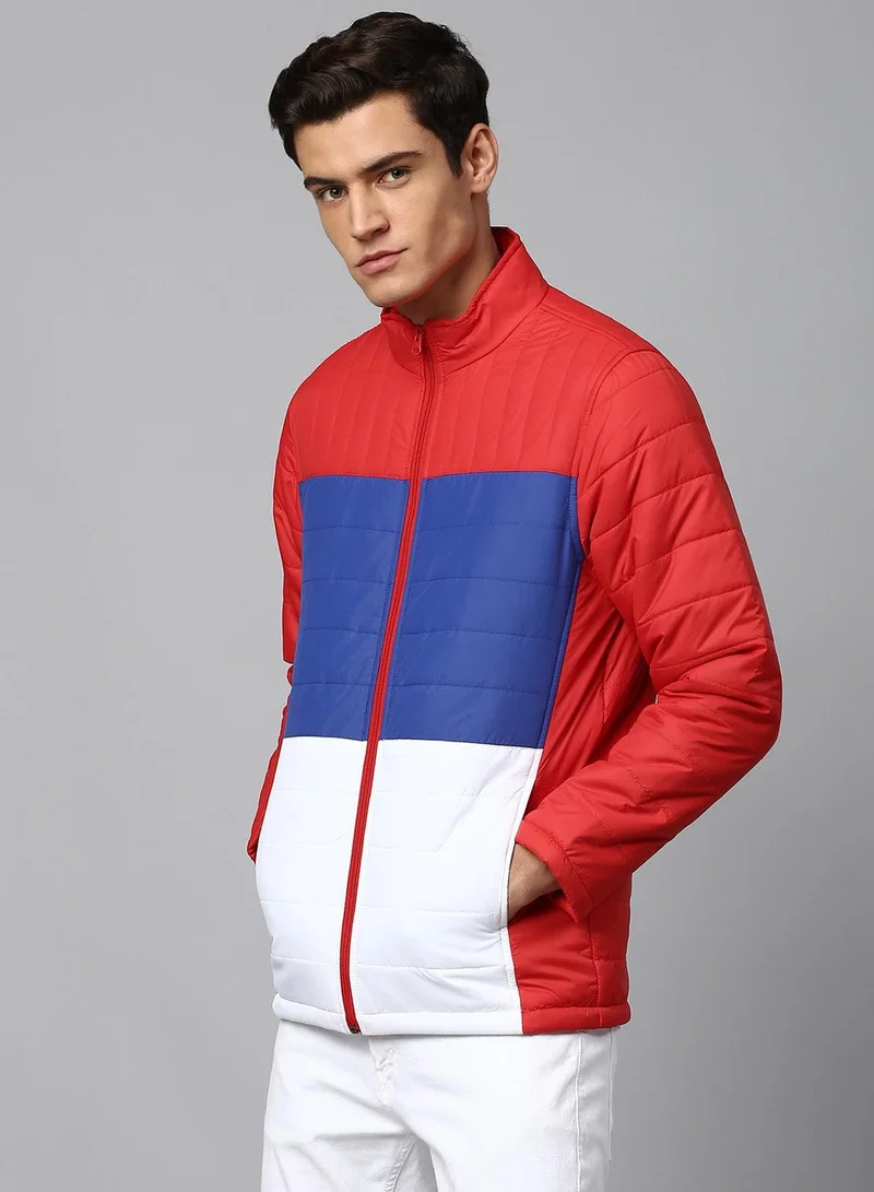Dennis Lingo Men's Dark Red 100% Polyester Colour Blocked Regular Fit Jacket
