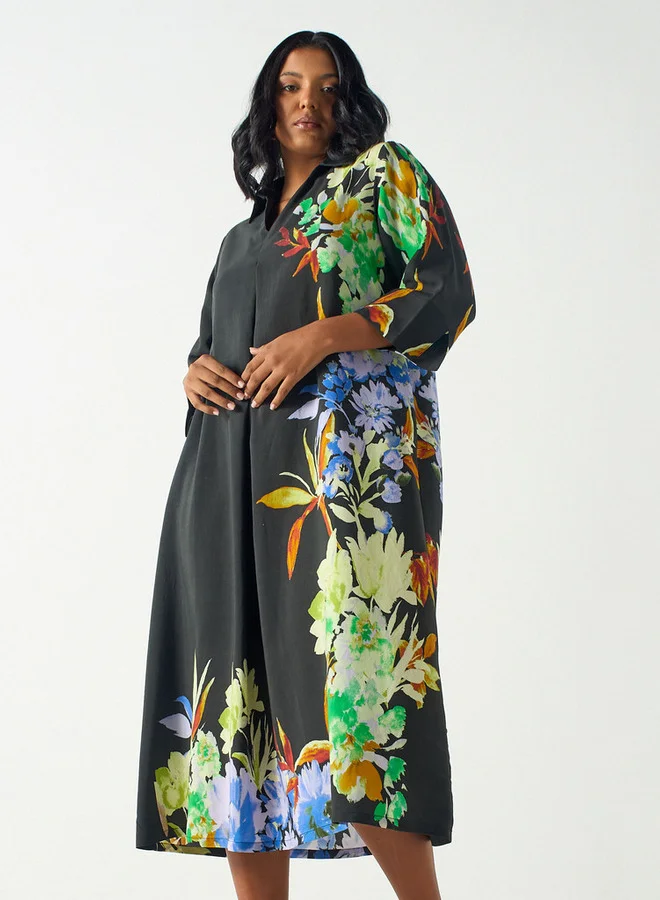 Ulla Popken Plus Size Ulla Popken Floral Print Midi Dress with Collar and 3/4 Sleeves