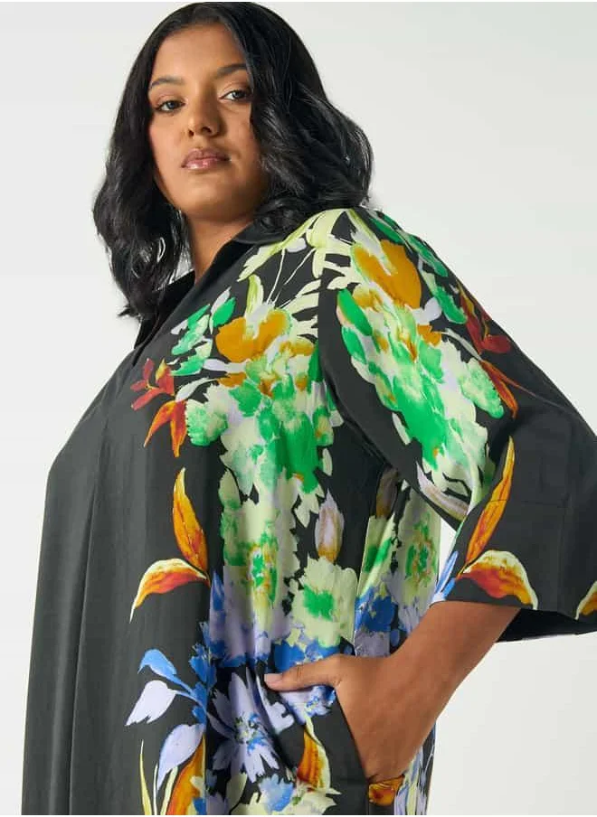Ulla Popken Plus Size Ulla Popken Floral Print Midi Dress with Collar and 3/4 Sleeves