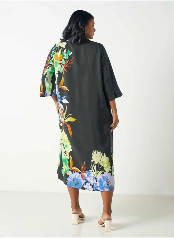 Ulla Popken Plus Size Ulla Popken Floral Print Midi Dress with Collar and 3/4 Sleeves