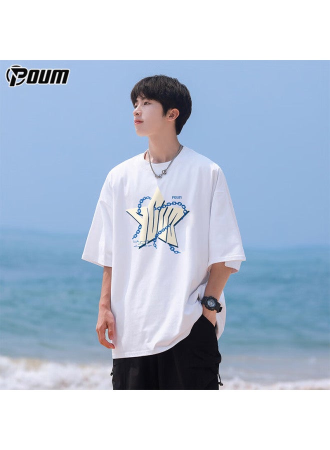Poum Cotton T-shirt For Men And Women, Summer Trendy Loose Casual Undershirt, Thin Short-sleeve Tee Ph01 White M - Image 1