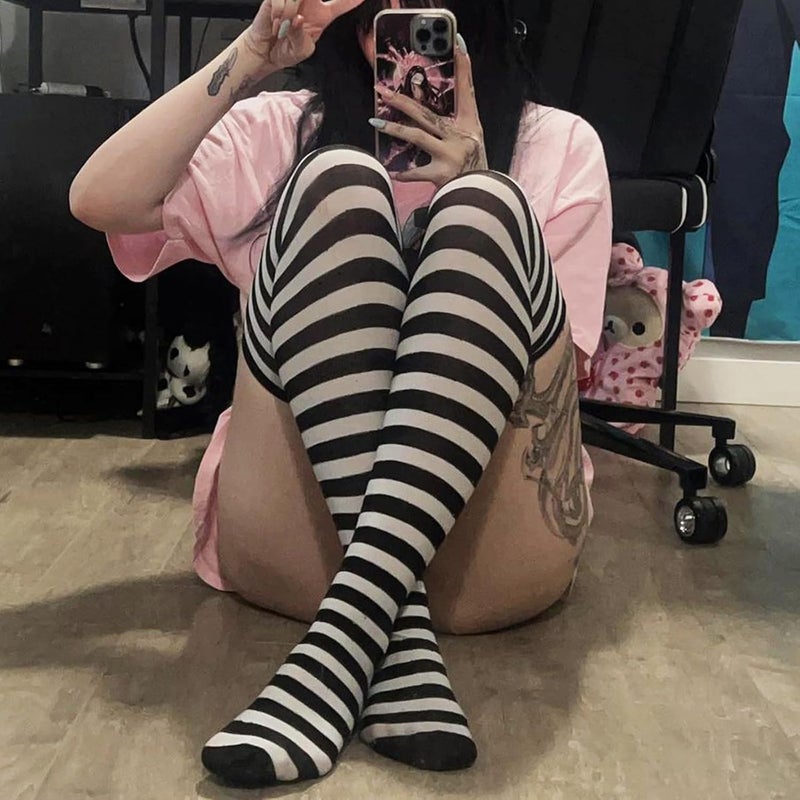 DAZCOS Striped Thigh High Socks Elastic Over The Knee Knit Stockings Leg Warmers for Christmas - Image 4