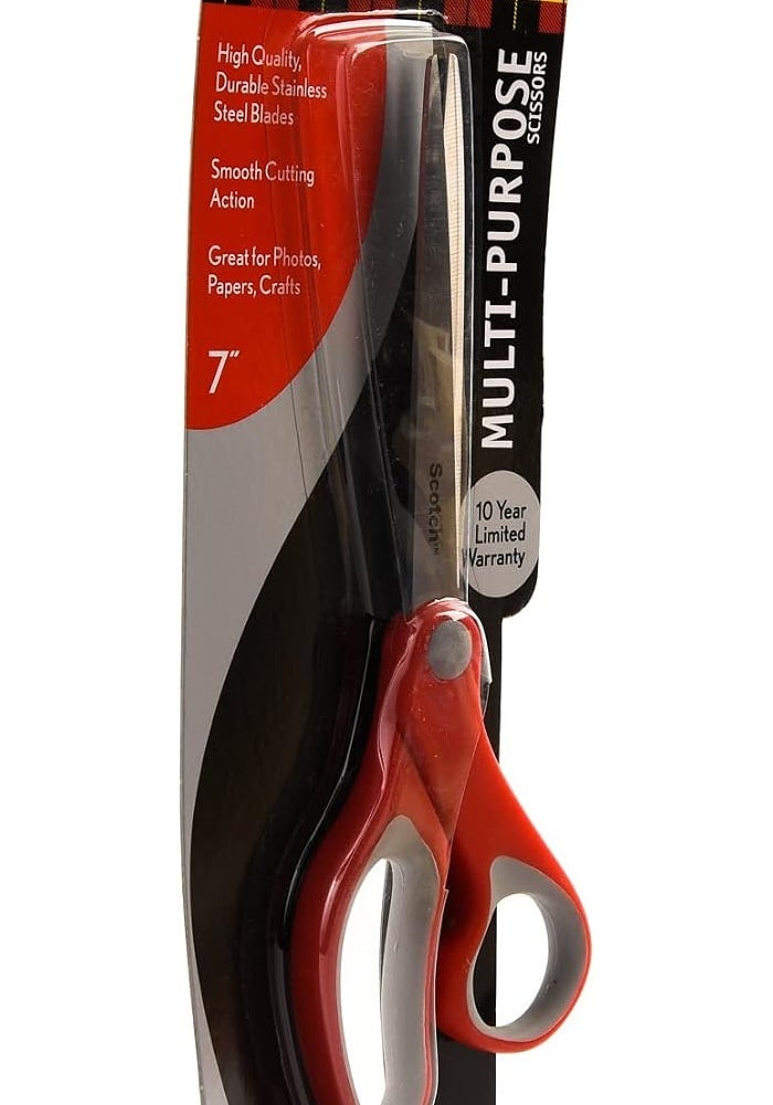 Scotch Multipurpose Scissors 7 in (18 cm) - Ergonomic Comfort Grip, Stainless Steel Blades, Red and Grey - Image 2