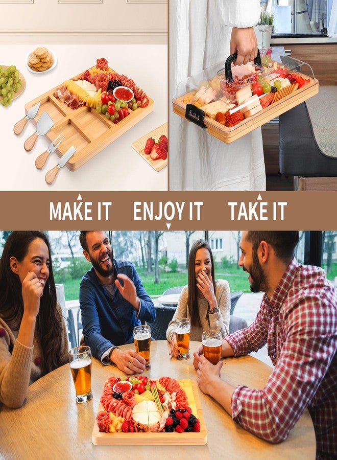 CAWIU Charcuterie Board with Lid and Handle - Portable Travel Design Bamboo Cheese Board Set with 4 Cheese Tools, Gift for Housewarming, Weddings, Picnics (8 Compartments, Black) - Image 3