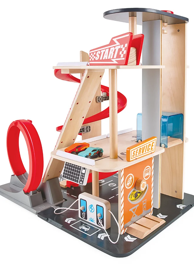 هيب Hape Gearhead Stunt Garage | Wooden High Rise Car Parking Lot | Kids Playset with 3 Levels, Elevator, Stunt Tracks, and Two Cars, for Children 3 Years+