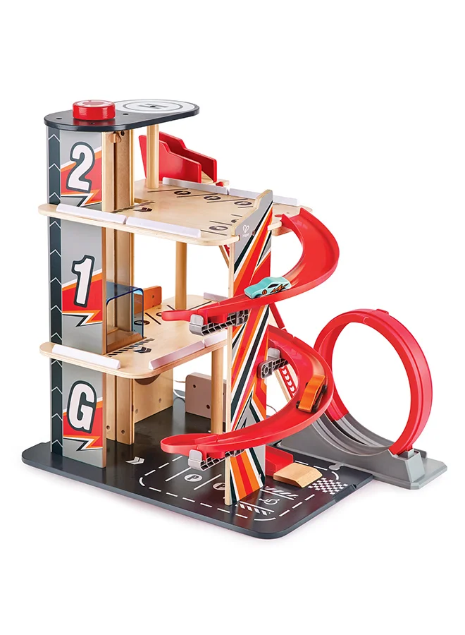 هيب Hape Gearhead Stunt Garage | Wooden High Rise Car Parking Lot | Kids Playset with 3 Levels, Elevator, Stunt Tracks, and Two Cars, for Children 3 Years+