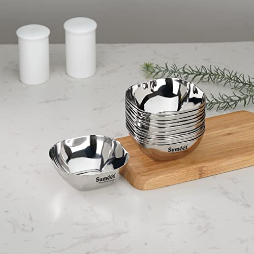 Sumeet Heavy Gauge Stainless Steel Apple Square Bowl/Wati/Katori with Mirror Finish – 8cm Dia, Set of 12pc, 180ML Each - Silver - Image 5