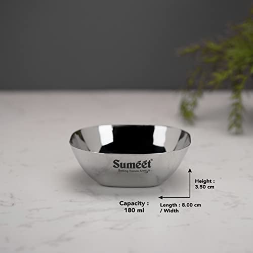 Sumeet Heavy Gauge Stainless Steel Apple Square Bowl/Wati/Katori with Mirror Finish – 8cm Dia, Set of 12pc, 180ML Each - Silver - Image 4