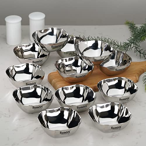 Sumeet Heavy Gauge Stainless Steel Apple Square Bowl/Wati/Katori with Mirror Finish – 8cm Dia, Set of 12pc, 180ML Each - Silver - Image 1