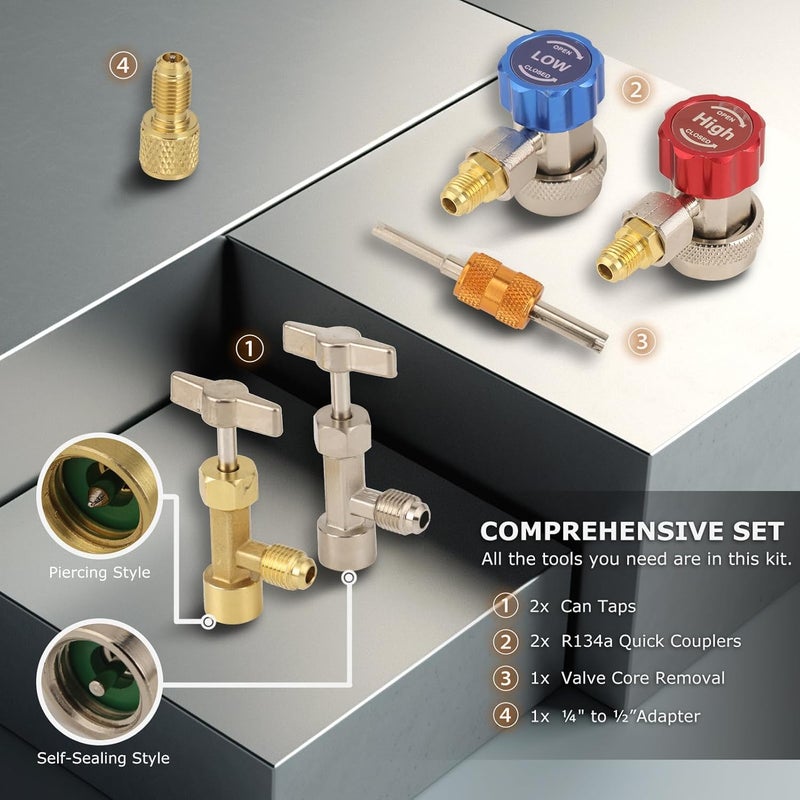 Aurelio Tech 3 Way AC Manifold Gauge Set, Fits for R134A R12 R22 and R502 Refrigerants, with 5FT Hose, Acme Tank Adapters, Quick Couplers and Can Tap - Image 5