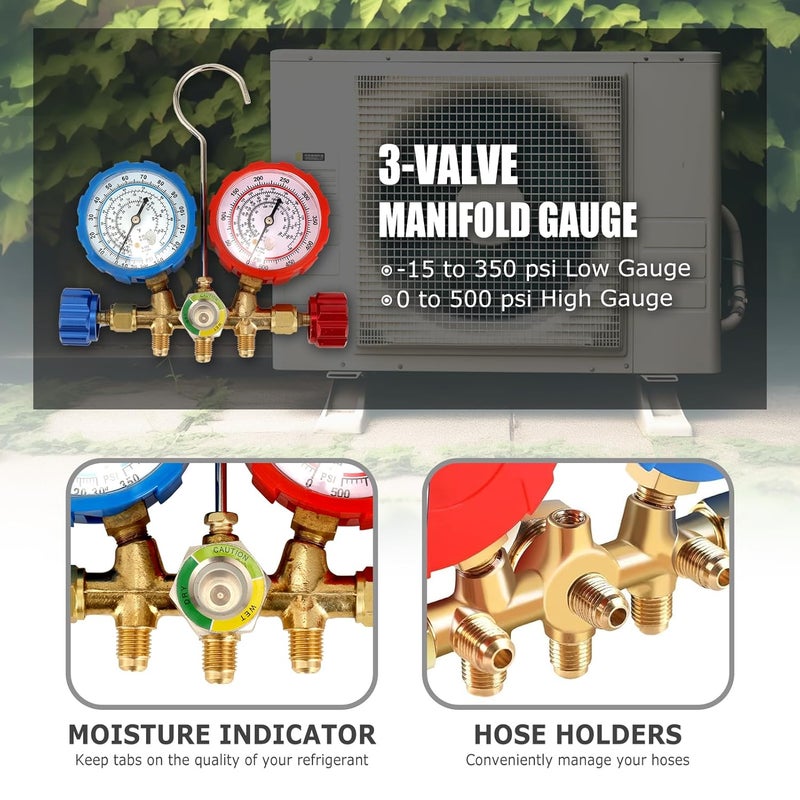 Aurelio Tech 3 Way AC Manifold Gauge Set, Fits for R134A R12 R22 and R502 Refrigerants, with 5FT Hose, Acme Tank Adapters, Quick Couplers and Can Tap - Image 3