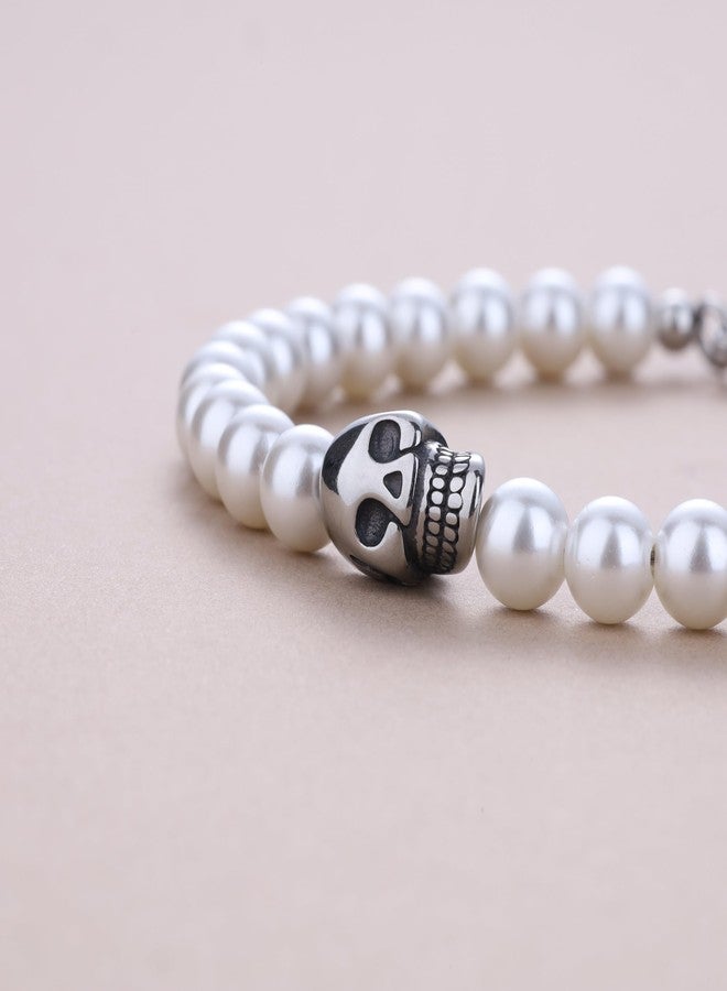 GAVU 6mm Men's Skull Bracelet Crystal Beads Bracelet for Men, Pearl Bracelet for Men - Image 5
