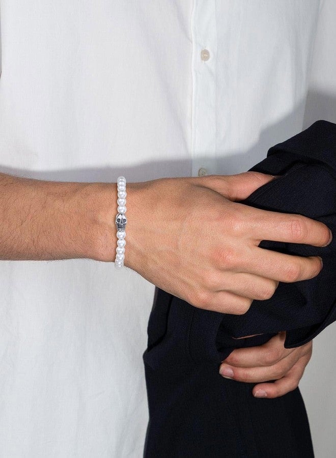 GAVU 6mm Men's Skull Bracelet Crystal Beads Bracelet for Men, Pearl Bracelet for Men - Image 2