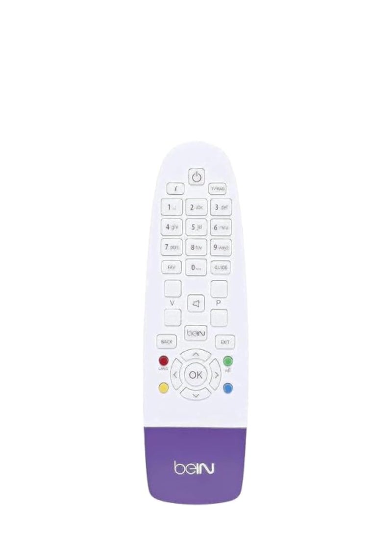 جهاز تحكم عن بعد صغير من Bein Sport – ريموت مدمج للأجهزة عالية الدقة و4K – يعمل بالأشعة تحت الحمراء – تصميم خفيف باللون الأبيض والبنفسجي - Image 1