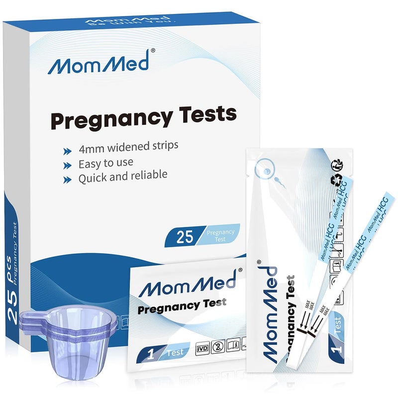 MomMed Pregnancy Test 25 HCG Pregnancy Test Strips for Early Detection Over 99 Accurate 25 Free Urine Cups Bulk Pregnancy Tests for Home Use Pruebas de Embarazo