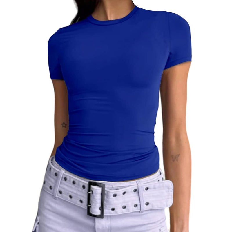 Dwnval Womens Classic Short Sleeve Summer TOS Crew Neck Slim Fit Crop T Shirt(Royal Blue, S) - Image 1