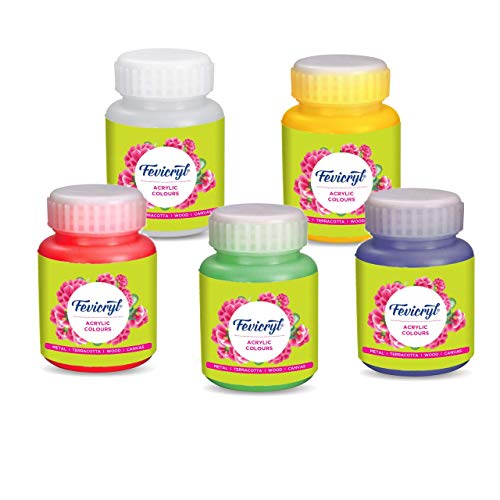 PIDILITE Fevicryl Acrylic Colours 100ml Set of 5 Primary Shades for Metal, Glass, Fabric, Wood, Wall and Canvas Painting Coral Red; Dark Green; Prussian Blue; Golden Yellow and White - Image 1