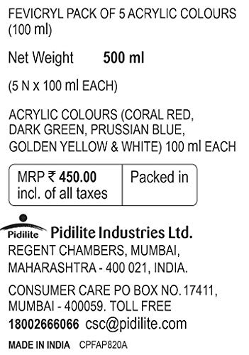 PIDILITE Fevicryl Acrylic Colours 100ml Set of 5 Primary Shades for Metal, Glass, Fabric, Wood, Wall and Canvas Painting Coral Red; Dark Green; Prussian Blue; Golden Yellow and White - Image 2