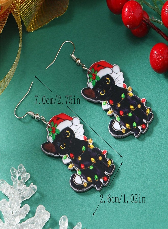 RLHRNDE Christmas Earrings for Women Girls Cute Acrylic Christmas Rooster Chicken Farm Boots Cat Santa Claus Light Drop Dangle Earrings Xmas Holiday Jewelry Accessories (Black Cat) - Image 4