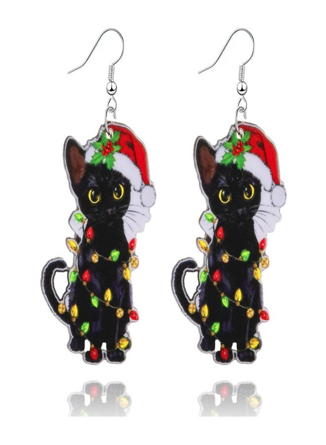RLHRNDE Christmas Earrings for Women Girls Cute Acrylic Christmas Rooster Chicken Farm Boots Cat Santa Claus Light Drop Dangle Earrings Xmas Holiday Jewelry Accessories (Black Cat) - Image 1