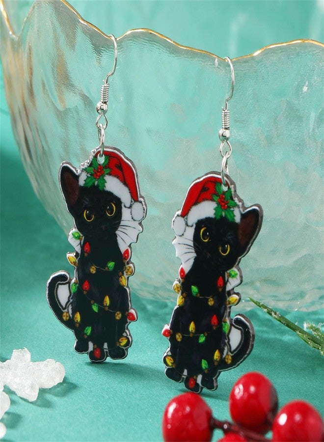 RLHRNDE Christmas Earrings for Women Girls Cute Acrylic Christmas Rooster Chicken Farm Boots Cat Santa Claus Light Drop Dangle Earrings Xmas Holiday Jewelry Accessories (Black Cat) - Image 5