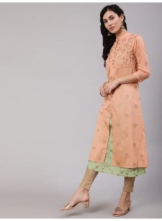 AKS Peach & Green Gold Print Layered Kurta