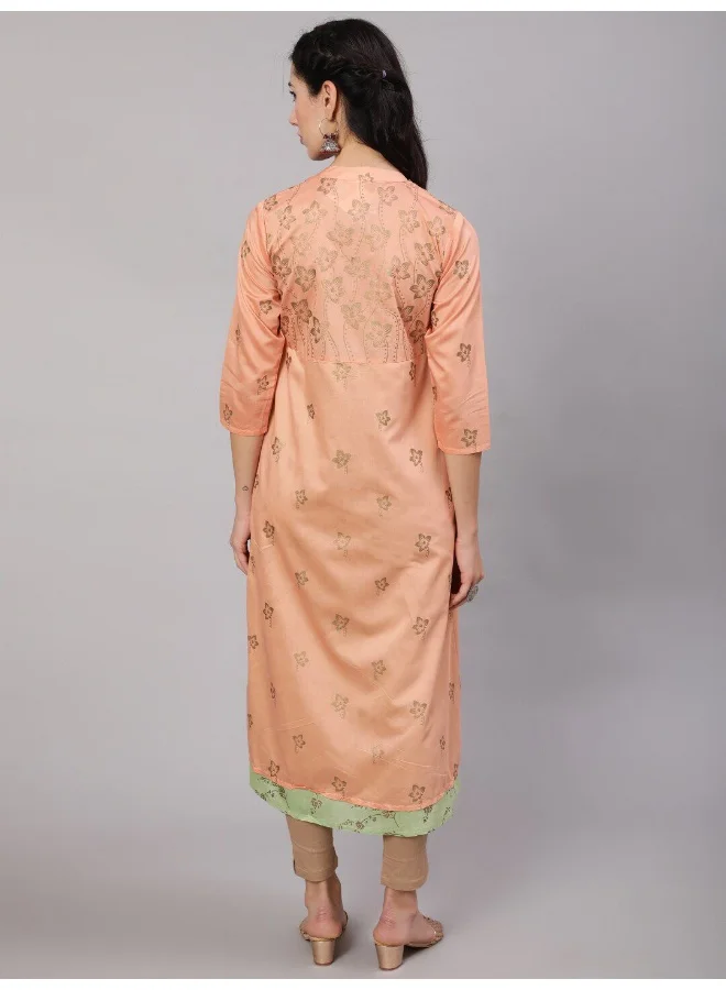 AKS Peach & Green Gold Print Layered Kurta