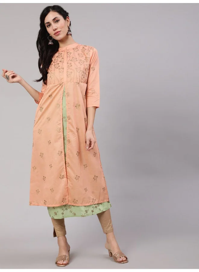 أيه كيه إس Peach & Green Gold Print Layered Kurta