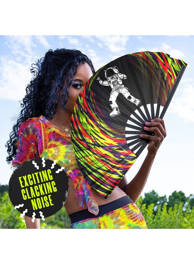 جلو اف اكس مروحة GloFX Rave - Spaced Out Astronaut - مروحة كبيرة قابلة للطي - أساسية لمهرجانات الموسيقى، ملحقات حفلات EDM Rave، مروحة يدوية قابلة للطي، مروحة Clack - Image 5