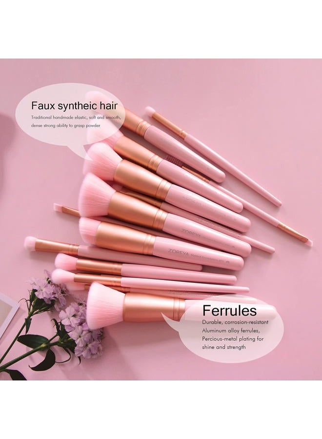 Z'OREYA Makeup Brushes 15Pcs Makeup Brush Set Premium Synthetic Kabuki Brush Cosmetics Foundation Concealers Powder Blush Blending Face Eye Shadows Brush Set (Pink) - Image 5