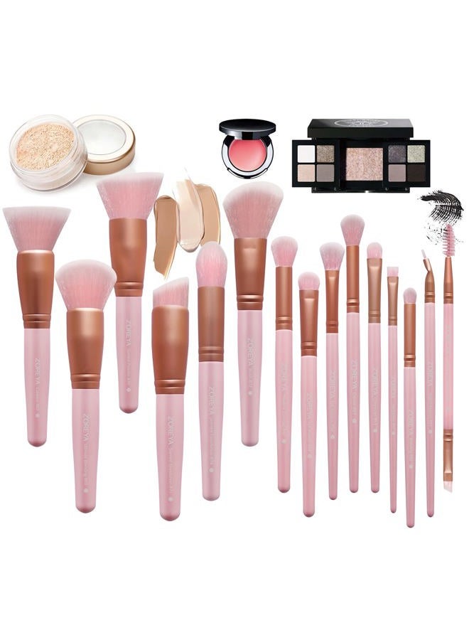 Z'OREYA Makeup Brushes 15Pcs Makeup Brush Set Premium Synthetic Kabuki Brush Cosmetics Foundation Concealers Powder Blush Blending Face Eye Shadows Brush Set (Pink) - Image 2