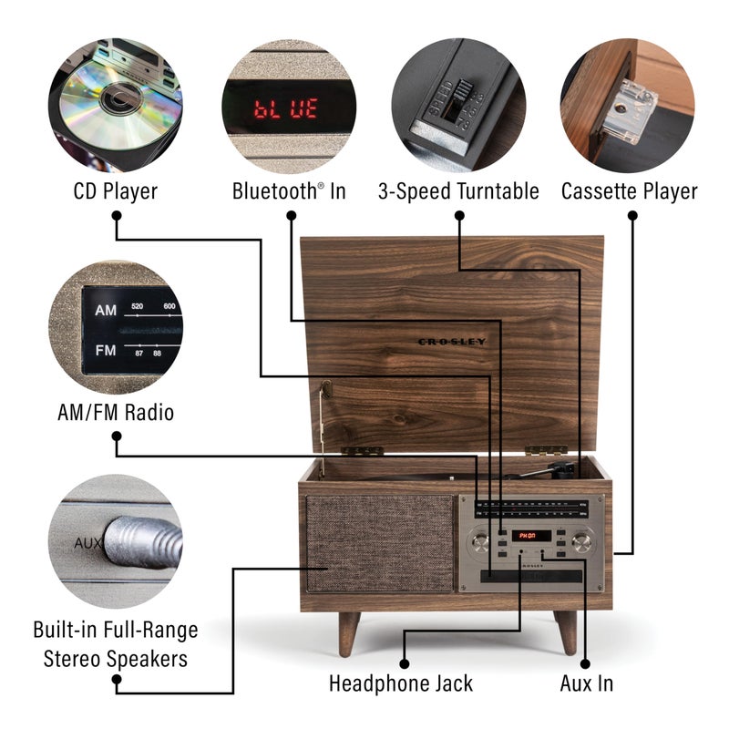 Crosley CR7023A-WA Serenade 8-in-1 Vinyl Record Player with 3-Speed Turntable, Bluetooth, AM/FM Radio, CD, Cassette, and Aux-in, Walnut - Image 2