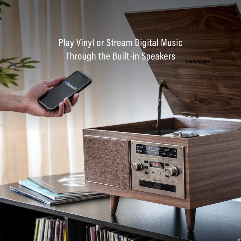Crosley CR7023A-WA Serenade 8-in-1 Vinyl Record Player with 3-Speed Turntable, Bluetooth, AM/FM Radio, CD, Cassette, and Aux-in, Walnut - Image 4