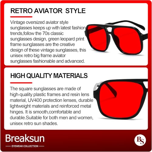 Breaksun Retro Aviator Sunglasses for Women Men Trendy Classic 70s Square Green Aviator Sun Glasses Vintage Shades (Black/Red) - Image 4