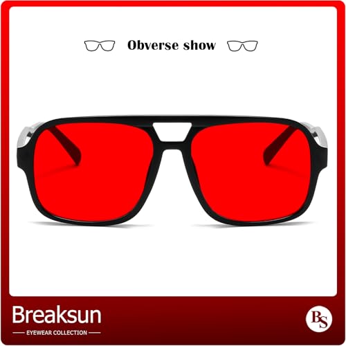 Breaksun Retro Aviator Sunglasses for Women Men Trendy Classic 70s Square Green Aviator Sun Glasses Vintage Shades (Black/Red) - Image 2