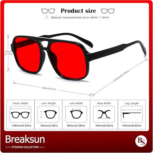 Breaksun Retro Aviator Sunglasses for Women Men Trendy Classic 70s Square Green Aviator Sun Glasses Vintage Shades (Black/Red) - Image 5
