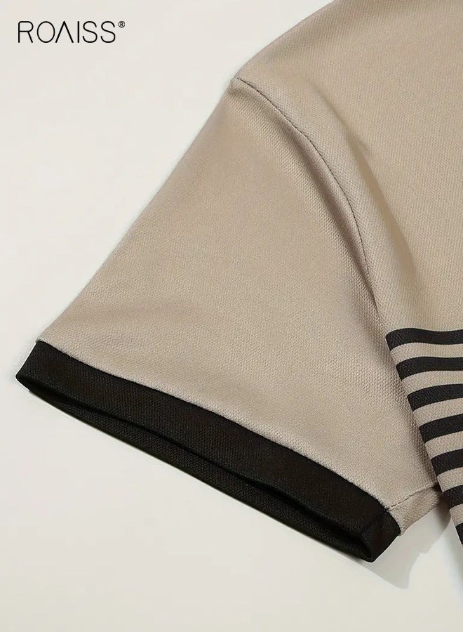 roaiss Men's Dual Tone Striped Polo Shirt Contrast Regular Fit Smart Casual Tops for Men Moisture Wicking Stretch Fabric T-Shirt Business Weekend Wear Black and Khaki - Image 5