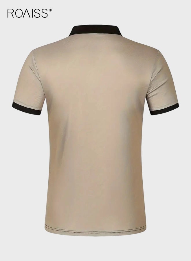 roaiss Men's Dual Tone Striped Polo Shirt Contrast Regular Fit Smart Casual Tops for Men Moisture Wicking Stretch Fabric T-Shirt Business Weekend Wear Black and Khaki - Image 3