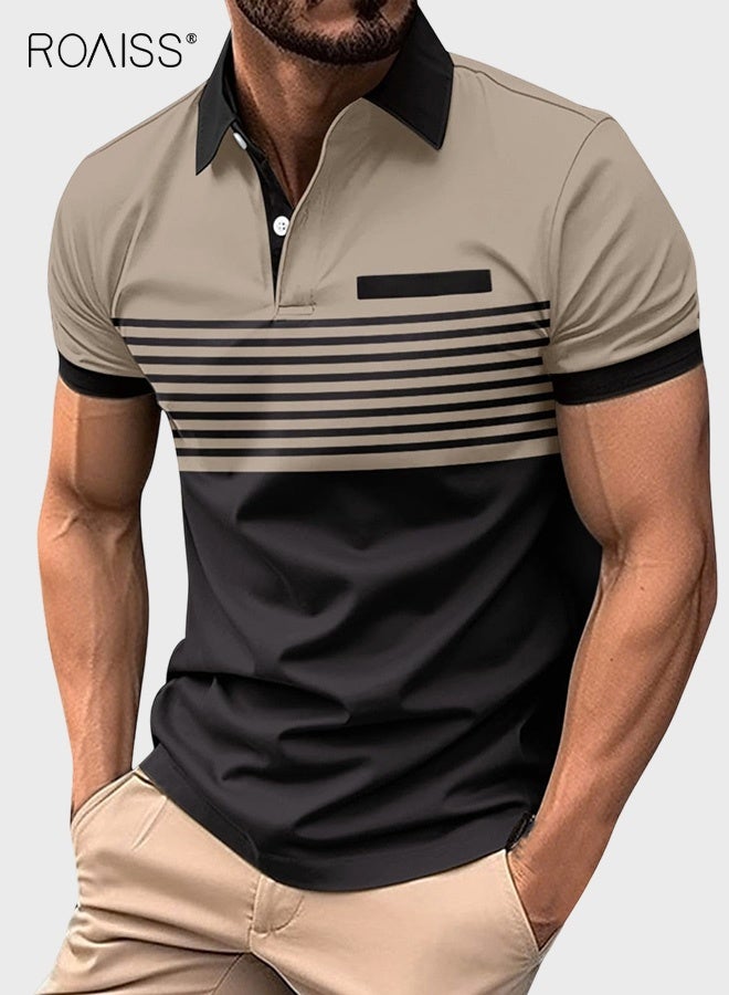 roaiss Men's Dual Tone Striped Polo Shirt Contrast Regular Fit Smart Casual Tops for Men Moisture Wicking Stretch Fabric T-Shirt Business Weekend Wear Black and Khaki - Image 1