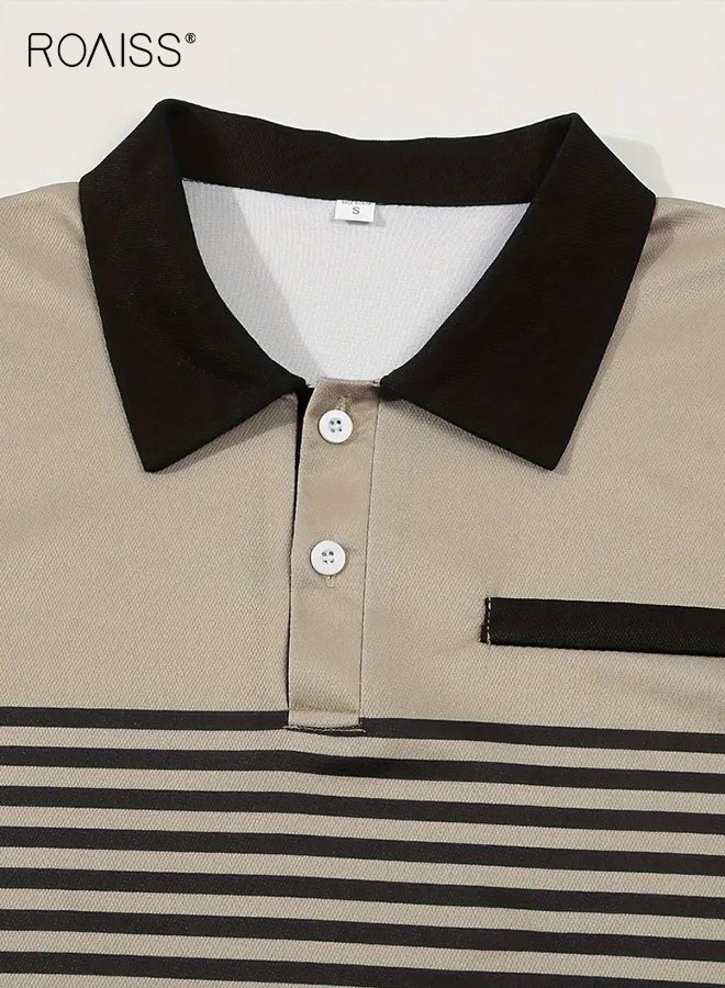roaiss Men's Dual Tone Striped Polo Shirt Contrast Regular Fit Smart Casual Tops for Men Moisture Wicking Stretch Fabric T-Shirt Business Weekend Wear Black and Khaki - Image 4