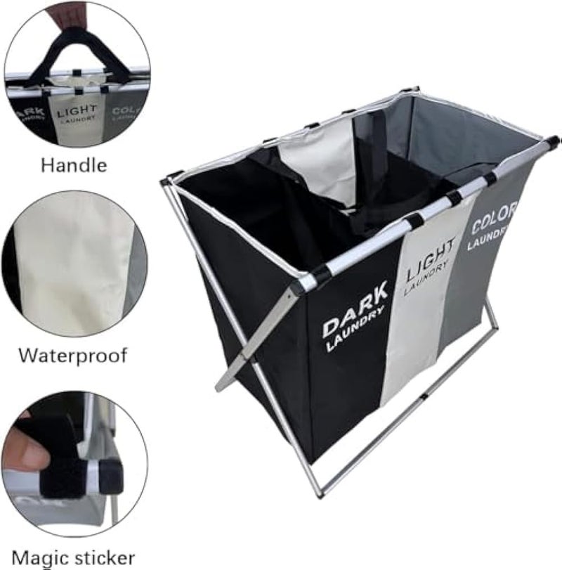SKY-TOUCH Large Laundry Basket Bags Foldable,3-Section Laundry Hamper Portable Dirty Clothes Bag Sorter with Handle,Large Capacity Fabric Washing Storage Baskets for Bathroom Bedroom Home 135L - Image 5