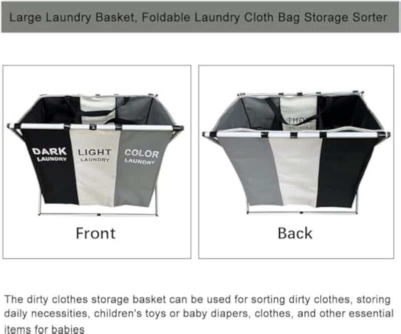 SKY-TOUCH Large Laundry Basket Bags Foldable,3-Section Laundry Hamper Portable Dirty Clothes Bag Sorter with Handle,Large Capacity Fabric Washing Storage Baskets for Bathroom Bedroom Home 135L - Image 3